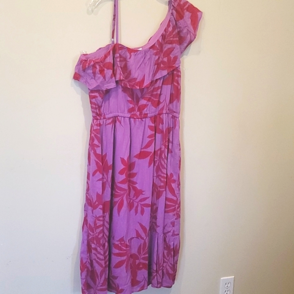 Old Navy One Shoulder Midi Ruffle Collar Barbie Core Tropical Print Dress Size L